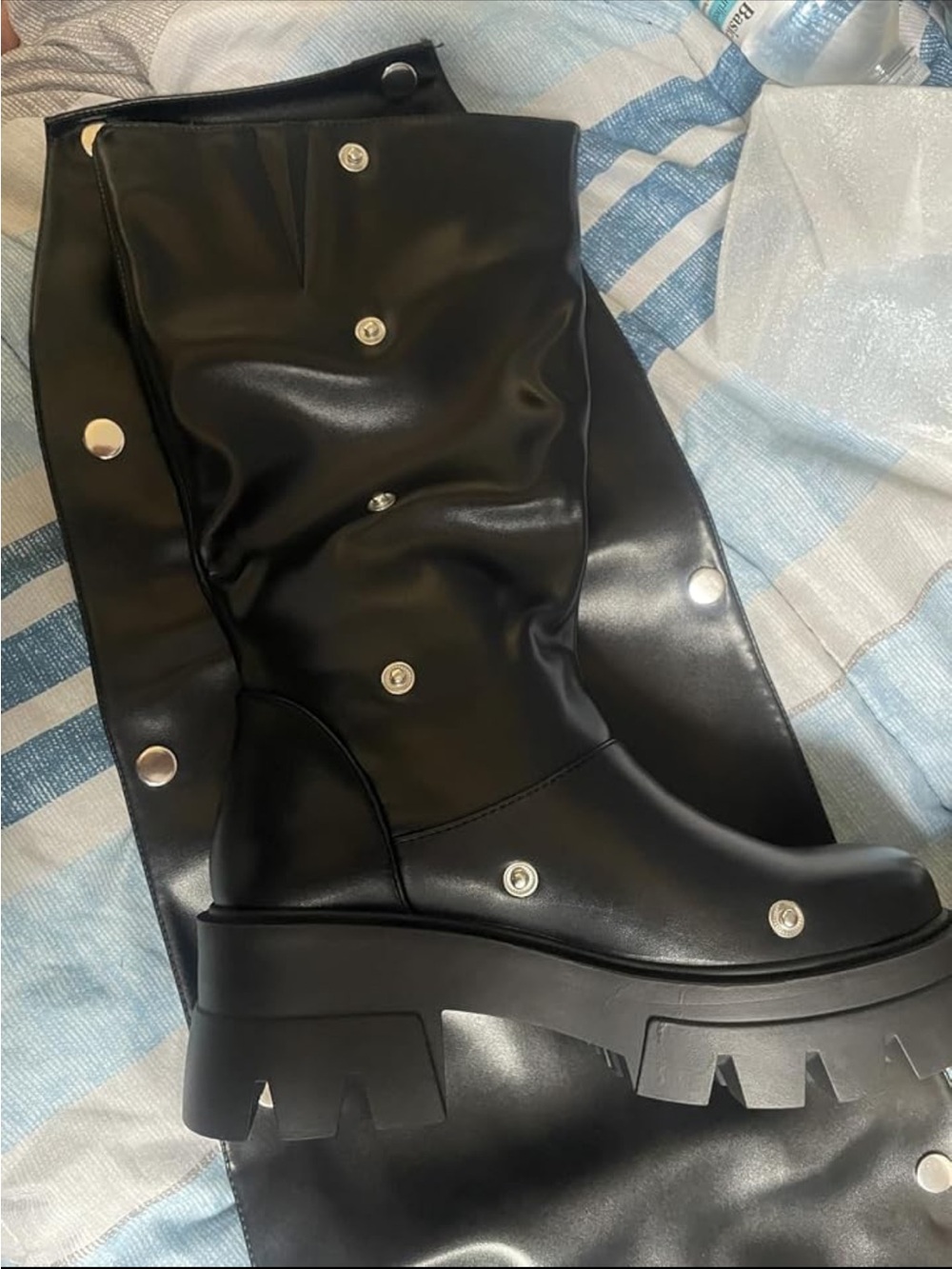 Black Platform Lug-Sole Knee Boot with Silver Studs